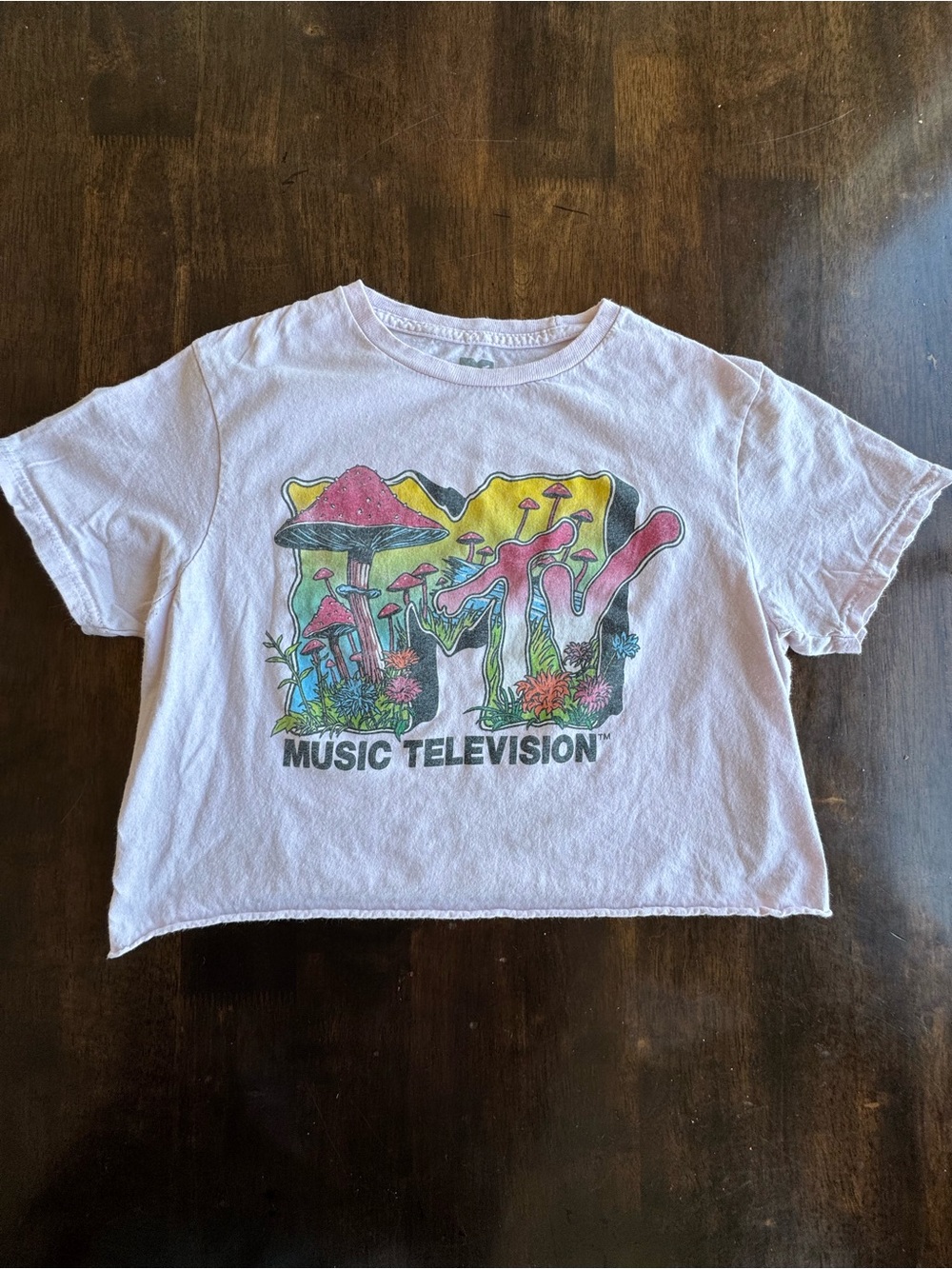 90s MTV Mushroom Tee - pink crop top nicely worn in with fading grunge size smal